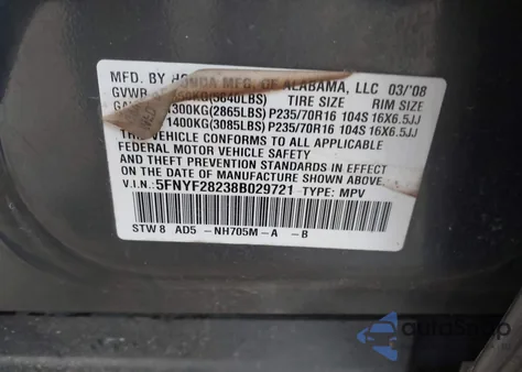 2008 Honda Pilot Vp из США, поврежденный, VIN 5FNYF28238B029721